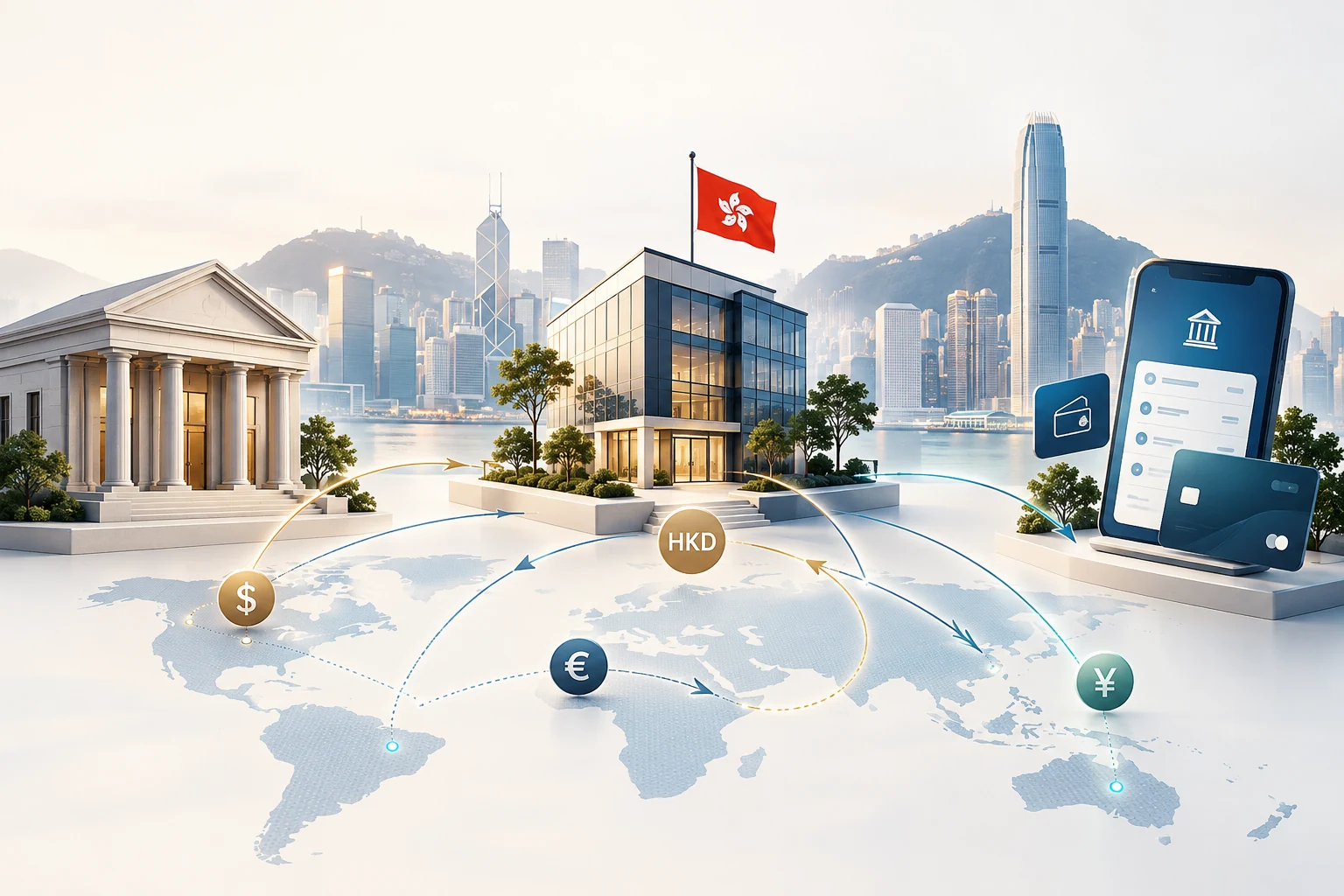 Hong Kong business banking fit checker — visual comparing traditional bank relationship banking with online fintech multi-currency and international payment routes